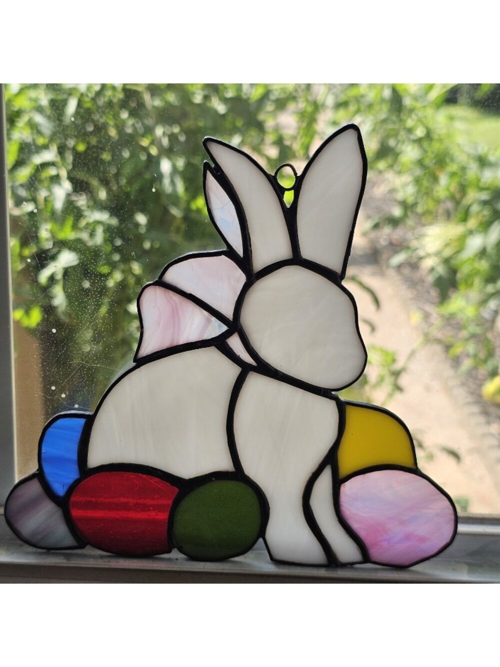 Vtg Stained Glass Bunny Suncatcher Multicolored Easter Eggs Window Panel Art